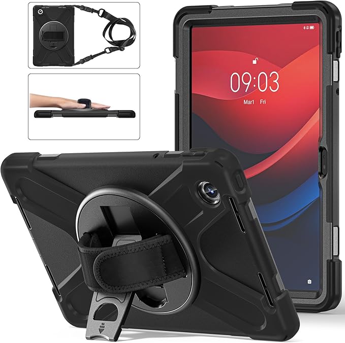TSQQST Case for Lenovo Tab M11 (TB330FU/TB330XU) with Rotating Stand+Hand Strap | Military Grade Heavy Duty Rugged Protective Case for Tab K11 LTE 2024/ Lenovo Xiaoxin Pad 2024 (TB331FC) | Black