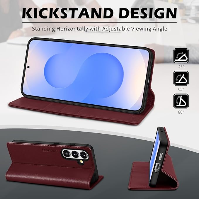 SHIELDON Wallet Case for Galaxy S25 FE 6.7" 2025, Genuine Leather Folio Magnetic Wallet Cover RFID Blocking Credit Card Holder Kickstand Shockproof Case Compatible with Galaxy S25 FE - Nappa Wine Red