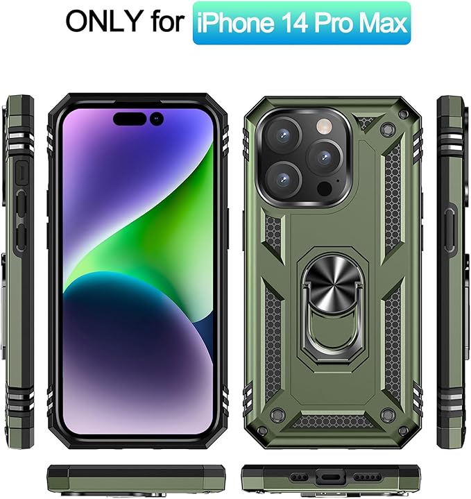 ADDIT Phone Case for iPhone 14 Pro Max Case,with Kickstand Ring,Adjustable Stand,Military Grade,Heavy Duty Protection,Shockproof,Anti-Fingerprint,Support Magnet Car Mount,ArmyGreen