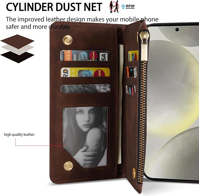 ZZXX for Samsung Galaxy S24 Wallet Case with RFID Blocking Card Slot PU Leather Zipper Flip Folio with Strap Kickstand Protective Cover for Samsung Galaxy S24 Case Wallet(Coffee-6.2 inch)