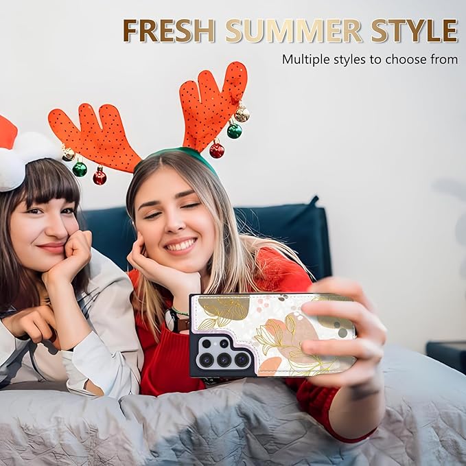 NNH Compatible with Samsung Galaxy S25 Ultra Wallet Case with RFID Blocking Card Slots Folio Flip PU Leather Double Magnetic Clasp Design Cover for Galaxy S25 Ultra(6.8 inch-Morandi Line Flower)