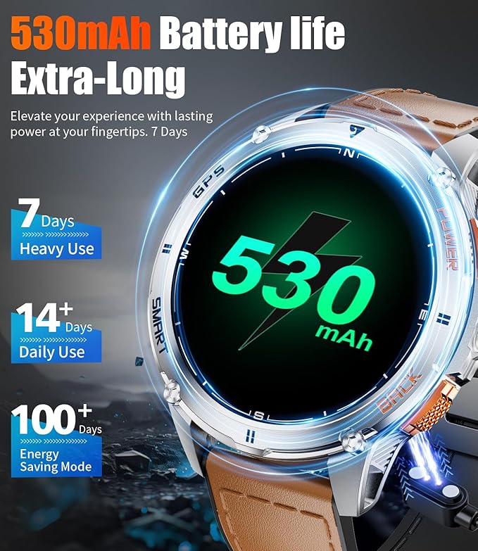 GPS Smart Watch for Men LED Flashlight, 530mAh Extra Large Battery, 1.43'' AMOLED Military Smartwatch Answer/Make Call with Heart Rate SpO2 Sleep Monitor for Android iOS Silver