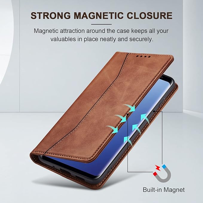 Jasonyu Flip Wallet Case for Samsung Galaxy S9,Leather Magnetic Folio Cover with Card Holder,Kickstand - TPU Shockproof Durable Protective Phone Case,Brown