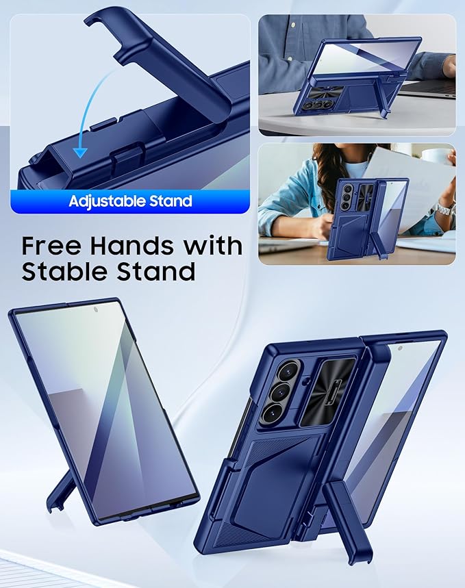 for Samsung Galaxy Z Fold 7 Case with Card Holder RFID Blocking, Built in Slide Lens Cover & Hinge Protection & Kickstand & Screen Protector, Shockproof Wallet Case for Z Fold 7 (Sapphire Blue)