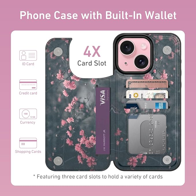 FUNMIKO for iPhone 14 Plus Wallet Case with Card Holder, RFID-Blocking, Military-Grade Protection & UV-Printed Artwork, Magnetic Closure with Leather Kickstand - Mystic Blooming Plum