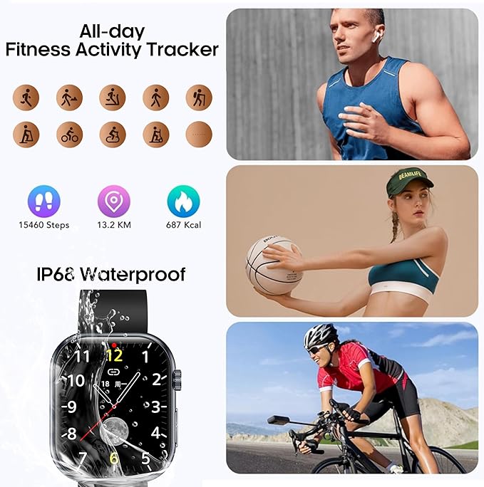 Smart Watch for Men Women (Receive/Make Calls), 1.96" AMOLED Slim Sports Fitness Tracker, Heart Rate/Sp02/Sleep/Body Composition Monitoring, SOS, IP68 Waterproof, Pedometer for Android/iOS