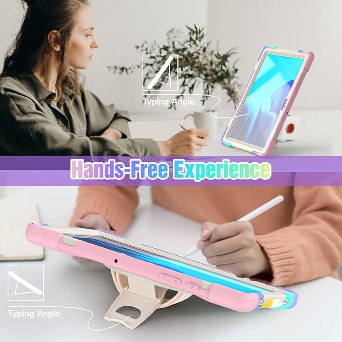 BRAECNstock for Samsung Galaxy Tab A7 10.4 inch Case 2022/2020 (SM-T500/T505/T509) with Screen Protector Shockproof Protective Tab A7 Kids Case with Rotating Stand+Hand Strap Pen Holder - Rainbow Pink