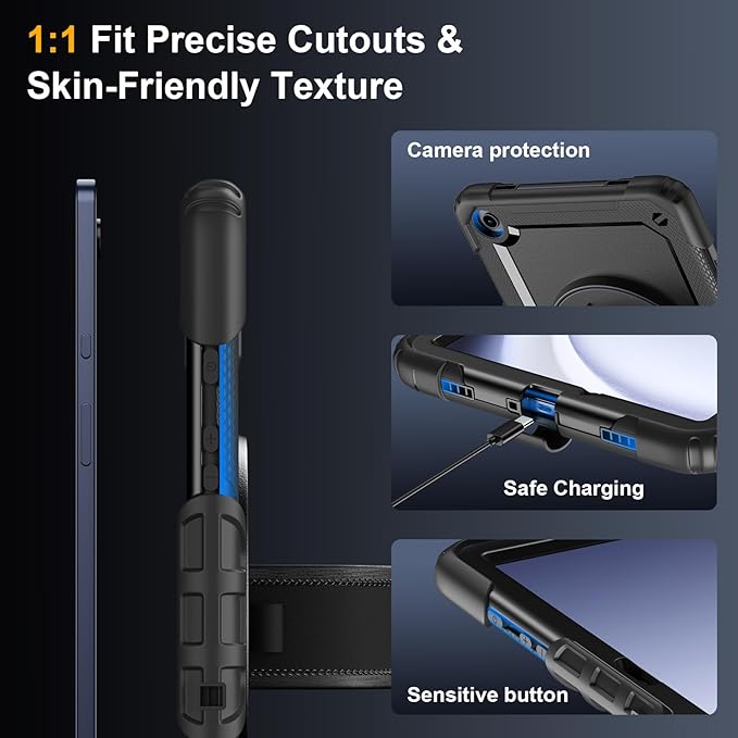Case for Samsung Galaxy Tab A9+/A9 Plus 11 Inch 2023(SM-X210/X216/X218), Ubearkk Full-Body Drop Protection Case with Screen Protector, 360° Rotating Stand and Hand/Shoulder Strap, Black