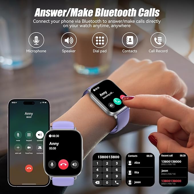 Smart Watch, 2.01" HD Touchscreen Fitness Watch, Bluetooth Calls, 120 Sports Modes Activity Tracker, 24/7 Heart Rate & Sleep Monitor, IP67 Waterproof, iOS Android Compatible (Purple)