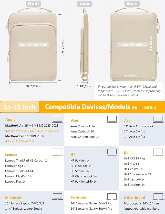 HYZUO 14-15 Inch Laptop Bag Sleeve for MacBook Air 15 M4 M3 M2, MacBook Pro 15, XPS 14/15 Plus, 15" Surface Laptop, Notebook Case for 14" Dell HP Lenovo ThinkPad Asus Huawei, Sand