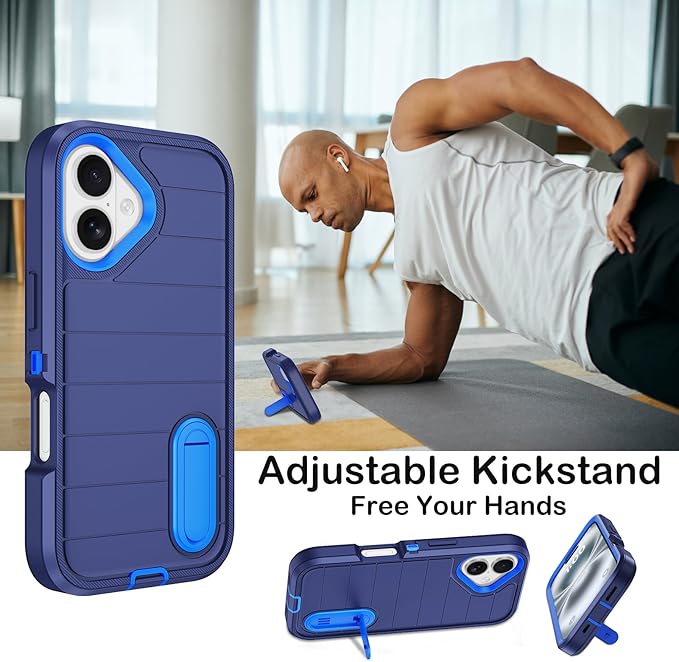 for iPhone 16 Case with 2 Screen Protectors,Heavy Duty Shockproof Drop Protection Military Grade Tri-Layer Rugged Cell Phone Cover with Built-in Invisible Kickstand 6.1“ (Blue)