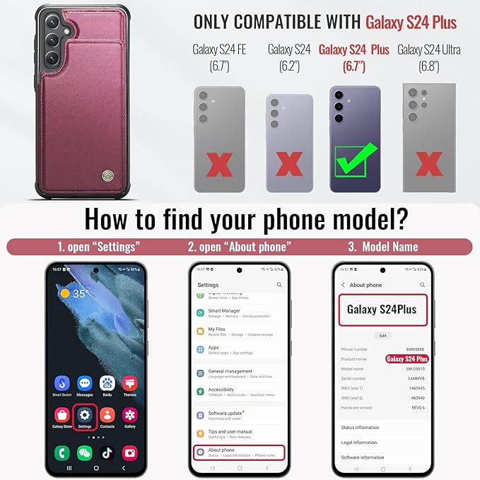 Vinich for Samsung Galaxy S24 Plus Wallet Case with Card Holder, RFID Blocking Credit Slots Kickstand Shockproof Phone Cover for Women Men, Wine Red