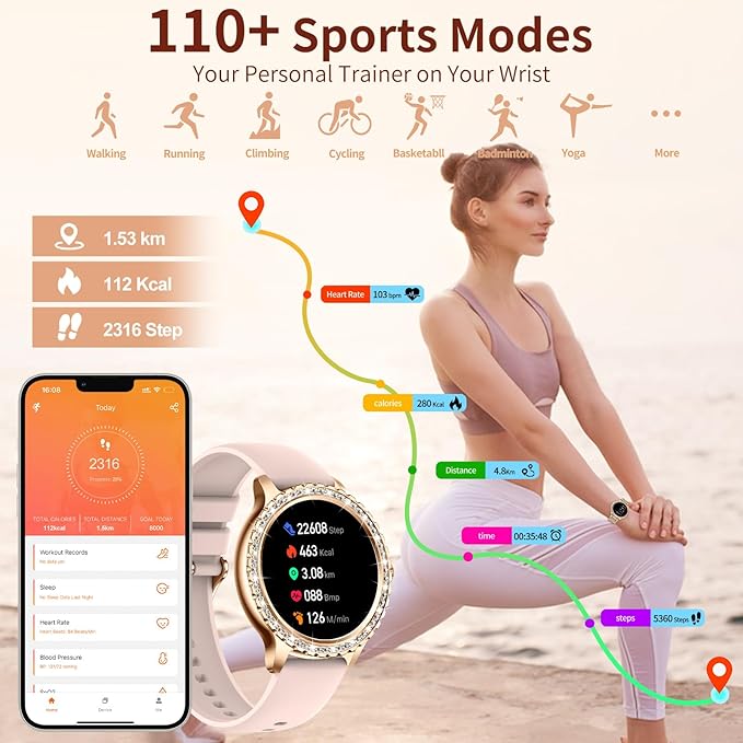 GADIXY Smart Watches for Women(Make/Answer Call) with Diamond:1.32" Fitness Tracker Watch for HR/Blood Pressure/SpO2/Sleep Monitor,Digital Running Watches for Women Android/iOS,3 Strips