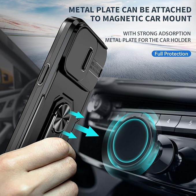 Case for iPhone 14 Phone Case with Slide Camera Cover, with Finger Ring Holder Stand, fit Magnetic Car Mount, for iPhone 14 - Black