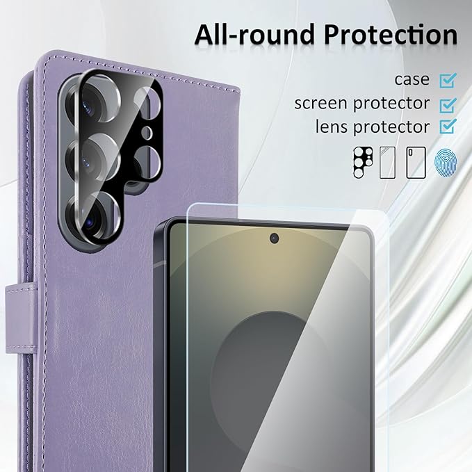 MONASAY Wallet Case Fit for Samsung Galaxy S25 Ultra 6.9 inch, [Lens & Glass Screen Protector Included] [RFID Blocking] Flip Folio Leather Cell Phone Cover with Credit Card Holder, Lavenders