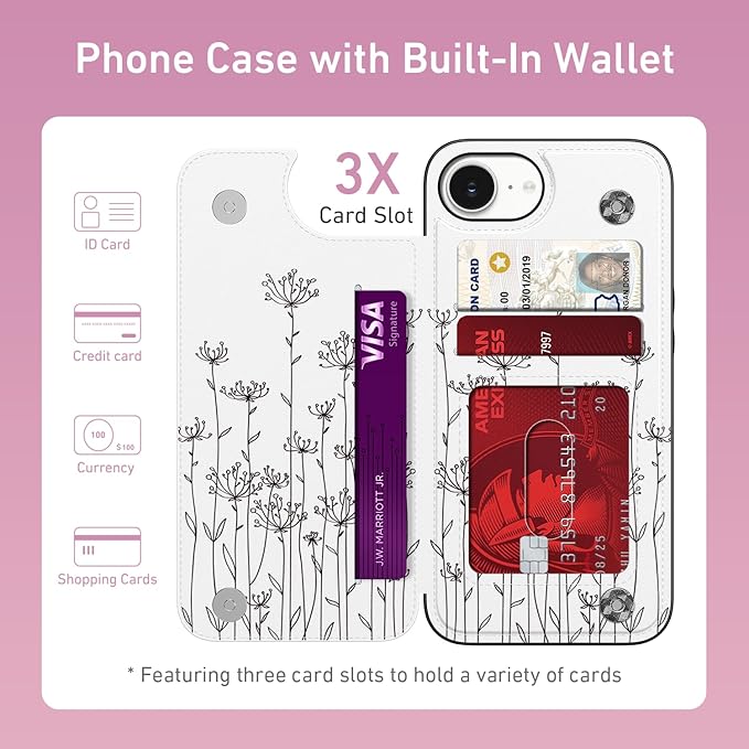 FUNMIKO for iPhone 16e Wallet Case with Card Holder, RFID-Blocking, Military-Grade Protection & UV-Printed Artwork, Magnetic Closure with Leather Kickstand - Elegantly Sketched Flower