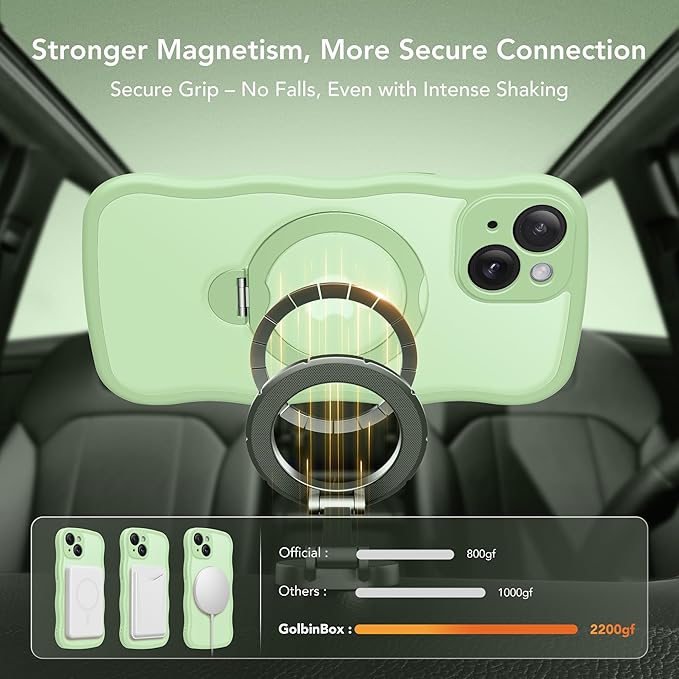GolbinBox for iPhone 15 Case for Women,[Compatible with Magsafe][360° Spin Magnetic Stand][Cute Wave Edge][Military-Grade Protection] Translucent Matte Phone Case for iPhone 15, Mint Green