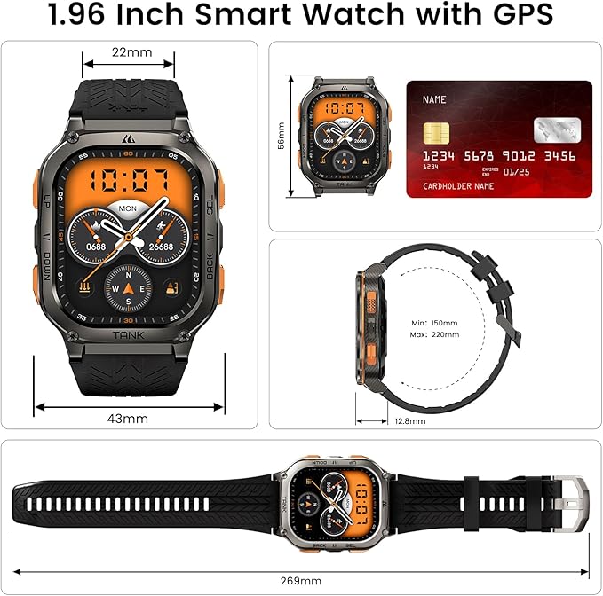 KOSPET Tank M3 Ultra Smart Watch with GPS, 5ATM Waterproof, Compass, Altitude, Air Pressure, Extra Large Battery, Full Stainless Steel, Bluetooth Call, 1.96'' AMOLED Always-on Display, AI Voice