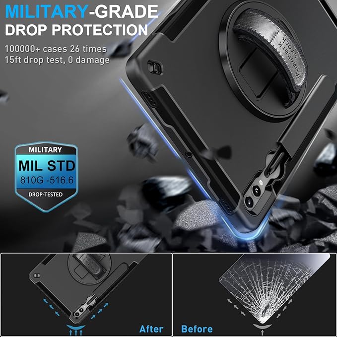 Case for Galaxy Tab S10 Plus/S9 FE Plus/S9 Plus 12.4 INCH: TPU Cover for Samsung Tablet Tab S10+/S9 FE+/S9 + 12.4" 5G W/Screen Protector - Stand- Handle- Shoulder Strap- S-Pen Holder- Black