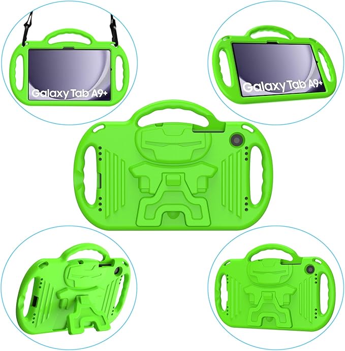 AVAWO Kids Case for Samsung Galaxy Tab A9+/A9 Plus 11 Inch 2023 Case, with Strap, Shockproof Lightweight Handle Stand 2023 Model (SM-X210/X216/X218) with Lanyard, Green