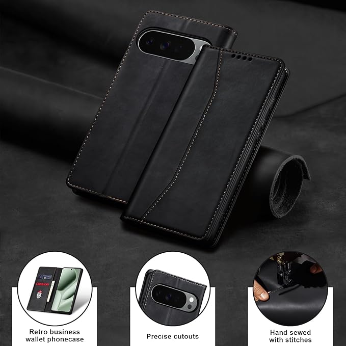 Jasonyu Flip Wallet Case for Google Pixel 10 Pro XL 5G,Leather Magnetic Folio Cover with Card Holder,Kickstand - TPU Shockproof Durable Protective Phone Case,Black