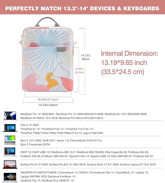MoKo 13.3-14 Inch Laptop Sleeve Bag Fits MacBook Pro M3/M2 14" 2023, MacBook Pro 13" M2, New MacBook Air 13.6" M3/M2 2024/2022,Tab S8 Ultra 14.6",Handle Carrying Case with Shoulder Strap,Tropical Leaf