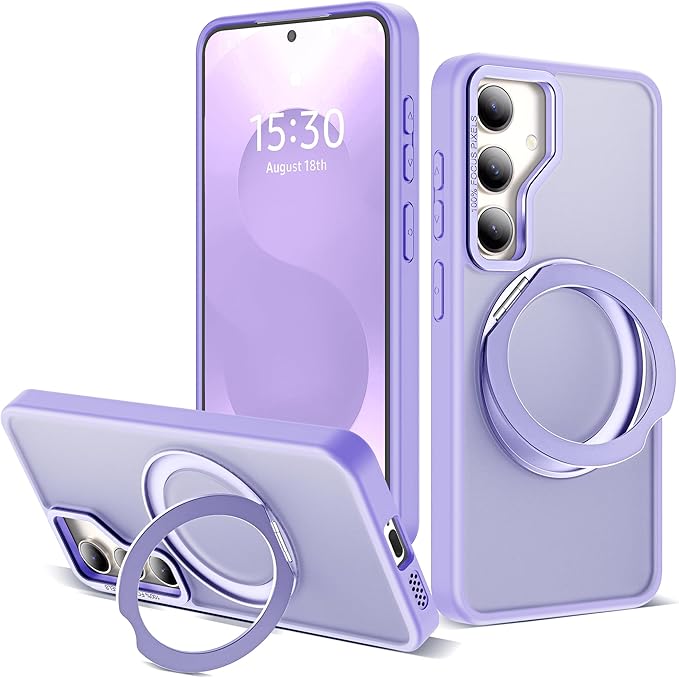 for Samsung Galaxy S25 Plus Case with 360°Rotatable Magnetic Ring Stand Compatible with Mag-Safe Military Protection Shockproof Matte Translucent Phone Cases for Galaxy S25+,Purple