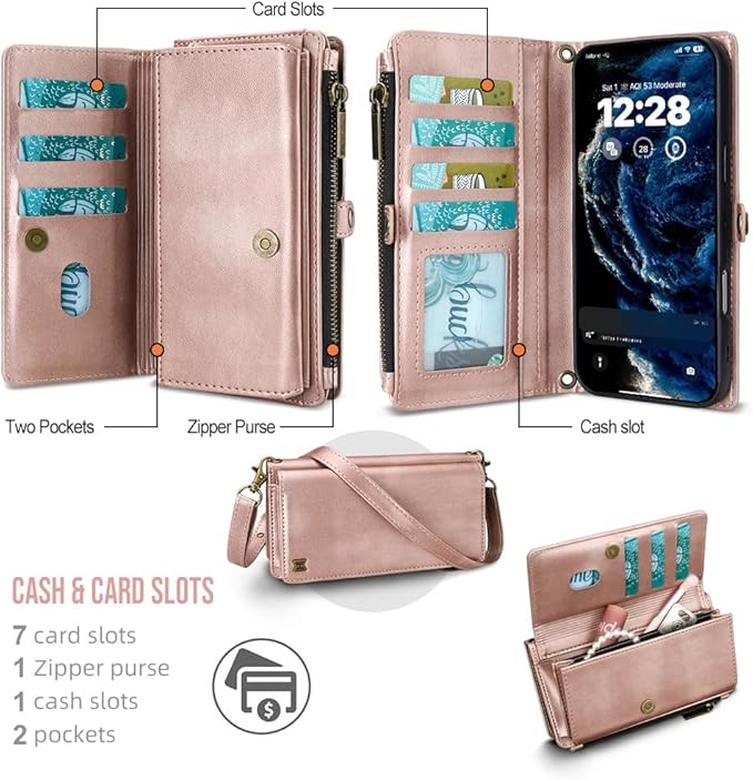 for iPhone 17 Wallet Phone Case with 7 Card Holder,RFID Blocking | PU Leather | Kickstand | Flip | Wrist Strap&Shoulder Strap | Shockproof | Zipper Wallet | Women Men | 6.3" | Rose Gold