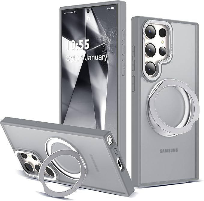 Compatible with Samsung Galaxy S24 Ultra Case with 360Rotatable Magnetic Ring Stand Compatible with Mag-Safe Military Protection Matte Translucent Phone Cases for S24 Ultra 6.8",Gray