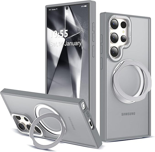 Compatible with Samsung Galaxy S24 Ultra Case with 360Rotatable Magnetic Ring Stand Compatible with Mag-Safe Military Protection Matte Translucent Phone Cases for S24 Ultra 6.8",Gray