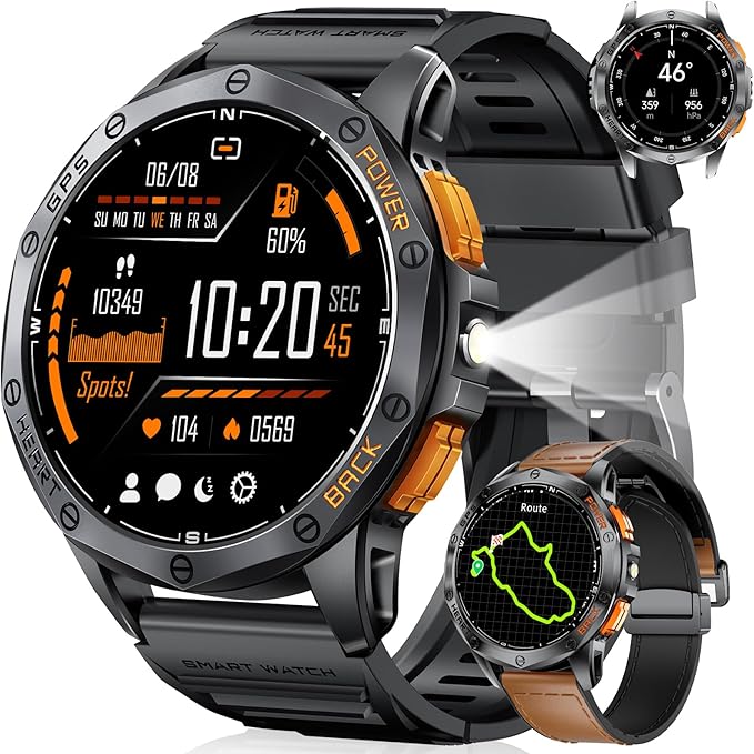 GPS Smart Watches for Men,1.43" AMOLED Fitness Tracker with LED Flashlight/Compass/530mAh Battery, Heart Rate/SpO2/Sleep Monitor 5ATM Outdoor Sports Smartwatch for Android iOS,100+Sport Modes