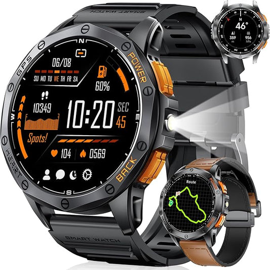 GPS Smart Watches for Men,1.43" AMOLED Fitness Tracker with LED Flashlight/Compass/530mAh Battery, Heart Rate/SpO2/Sleep Monitor 5ATM Outdoor Sports Smartwatch for Android iOS,100+Sport Modes