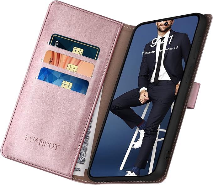SUANPOT for Samsung Galaxy S24 5G Wallet case with RFID Blocking Credit Card Holder,Flip Book PU Leather Protective Cover Women Men for Samsung S24 Phone case Rose Gold