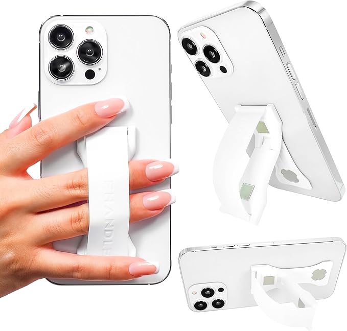 LOVEHANDLE PRO Premium Phone Grip - Silicone Phone Strap - Magnetic Phone Mount and Kickstand for Smartphone and Tablet - White Silicone on White Base