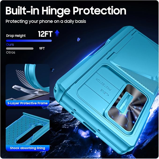 for Samsung Galaxy Z Fold 6 Case with Card Holder RFID Blocking & S Pen Holder& Slide Camera Cover& Hinge Protection& Full-Body Rugged Shockproof Wallet Case for Galaxy Z fold 6,Lake Blue