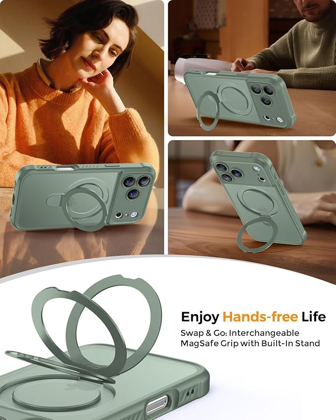 MOCCA Compatible with iPhone 17 Pro Case with Magnetic Invisible Stand [Full Camera Protection] [Compatible with Magsafe] Military Drop Shockproof Translucent Matte Phone Case Cover 6.3",Calke Green