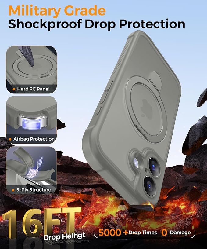 MOCCA Compatible with iPhone 17 Case with Magnetic Invisible Stand [Full Camera Protection] [Compatible with Magsafe] Military Drop Shockproof Translucent Matte Phone Case Cover 6.3",Titanium Gray