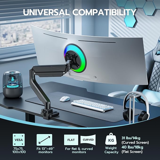 ARES WING Ultrawide Monitor Arm, Heavy Duty Single Monitor Mount for 13"-49" Curved Screens, Adjustable Stand for Desk with C-clamp & Grommet Base up to 40 LBS, Black