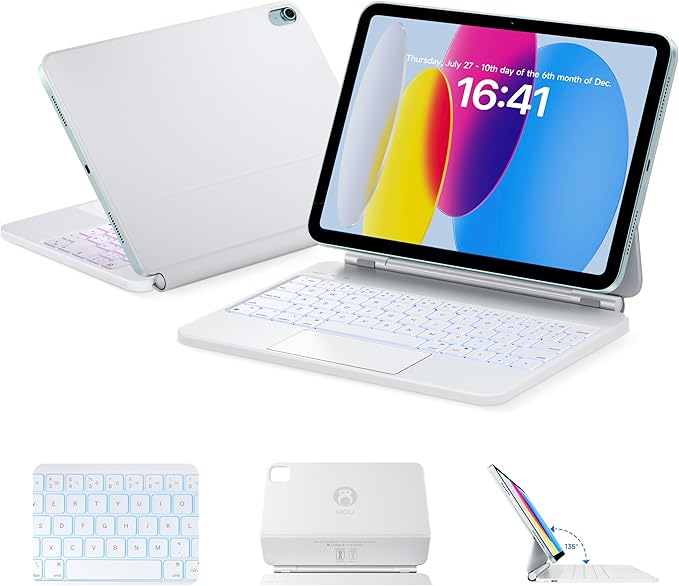 HOU Keyboard Case for iPad A16 11/10, Magnetic Magic-Stand, Floating Design, Durable Spindles, Multi-Touch Trackpad, 7 Colors Backlit, Stain Resistant PU, Bluetooth