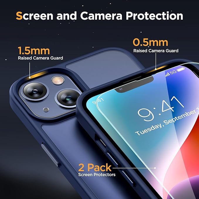 Miracase Magnetic for iPhone 14 Plus Case 6.7 inch (Compatible with MagSafe)（with 2X Screen Protectors） Military-Grade Protection, Anti-Fingerprint Translucent Matte Phone Case Cover, Dark Blue