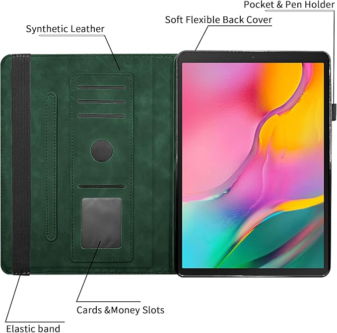 Rotating Case for Samsung Galaxy Tab A 10.1 2019 Model SM-T510/T515,360° Rotating Multi-Angle Viewing Stand Cover PU Leather Business Folio Protective Cases, Green