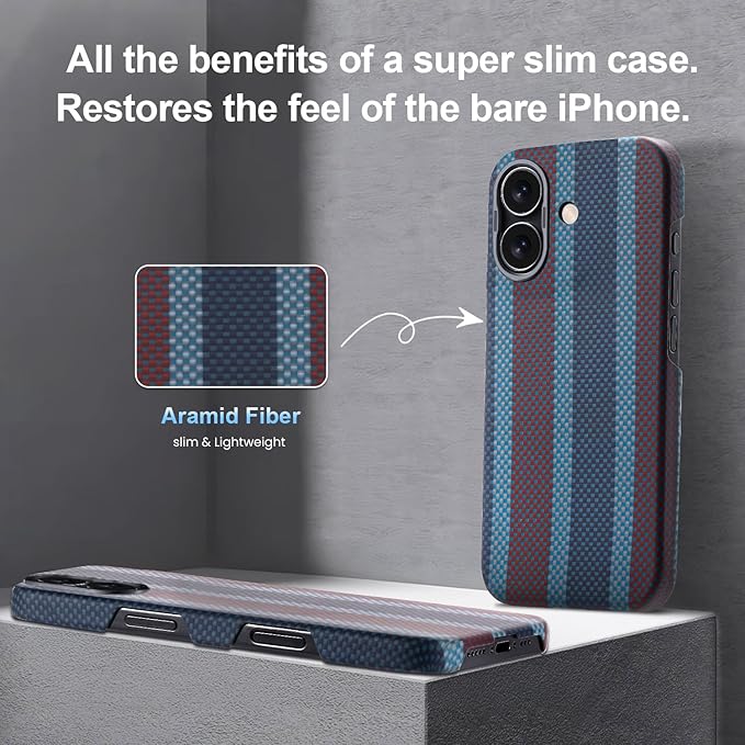 Aramid Fiber for iPhone 16 Plus Case,Compatible with Magnet,Slim & Light for iPhone 16 Plus, Case-Less Touch Feeling,Red-Blue Stripes