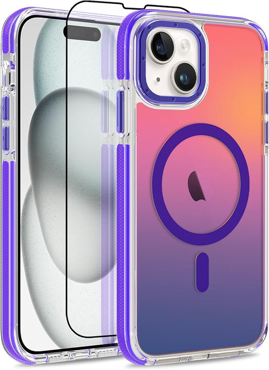MOWIME Magnetic Case for iPhone 15 [Compatible with Magsafe] [Cute Fashion Fluorescent Design] [1 Screen Protector] Slim Translucent Matte Case for iPhone 15 6.1" 2023, Purple