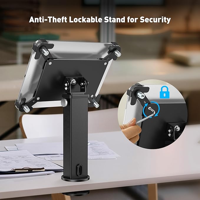 AboveTEK iPad Desk Grommet Mount, Adjustable Tablet Desk Mount with 360° Rotation & 180° Tilt, Fits 9.7"-13" Tablets, Anti-Theft iPad Stand, Heavy-Duty Aluminum Tablet Stand, Perfect for Work (Black)