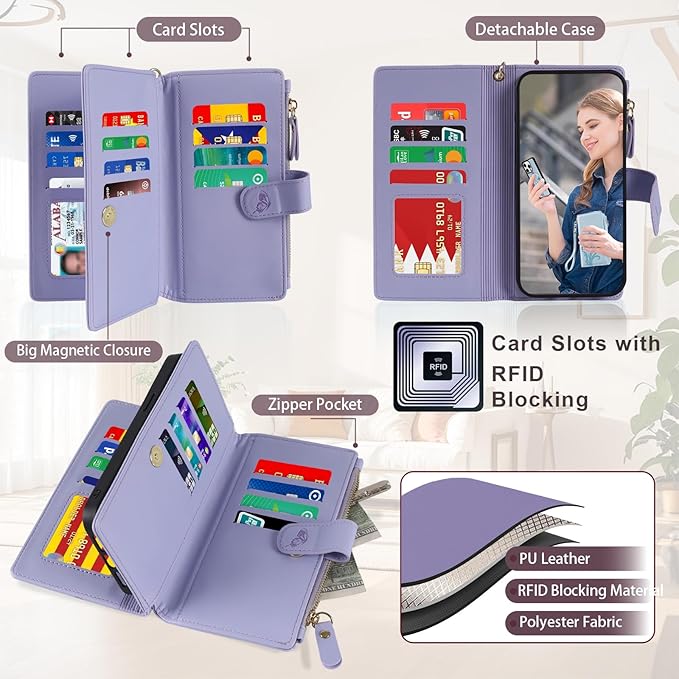 Lacass for Samsung Galaxy S24 FE S24FE Case Wallet,Compatible with MagSafe 2 in 1 Magnetic Detachable PU Leather RFID Blocking Wallet Cover Card Holder Zipper Wrist Strap Lanyard Floral Light Purple