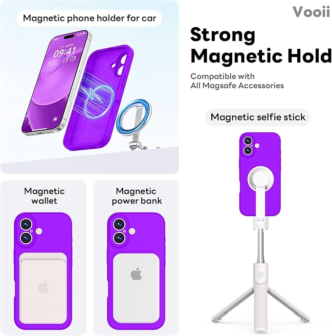 Vooii Magnetic Compatible with iPhone 17 Case (Compatible with Magsafe) (Upgraded Camera Protection) Liquid Silicone Shockproof Full Body Protective Phone Cover for Women Men, Neon Purple, 6.3"
