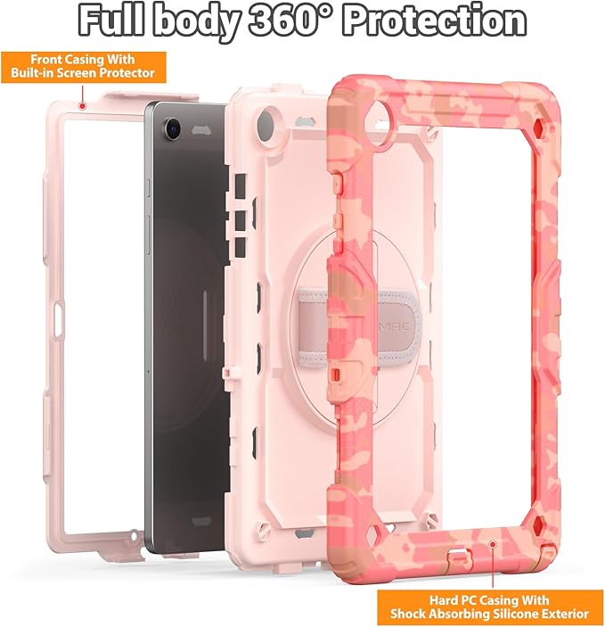 SEYMAC Case for Samsung Galaxy Tab A9+/ A9 Plus 11" (SM-X210/X216/X218), Heavy Duty Shockproof Protective Case with Screen Protector, Rotating Stand, Hand/Shoulder Strap, Multicolor/Pink
