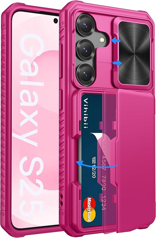 Vihibii for Samsung Galaxy S25 Wallet Case with Card Holder (4 Cards), [RFID Blocking] & Slide Camera Cover & Raised Edges Protect Screen, Heavy Duty Phone Cover for Samsung Galaxy S25 6.2", Hot Pink