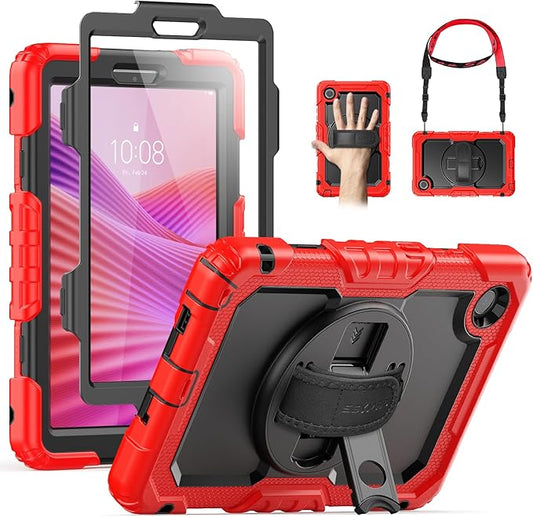 SEYMAC Case for Lenovo Tab One 8.7 inch/ K9 TB305FU (2025), Heavy Duty Full-Body Shockproof Protective Case with Screen Protector, Stand, Hand/Shoulder Strap and Pen Holder, Red
