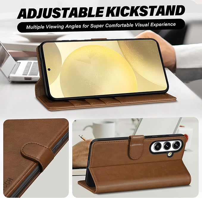 TUCCH Case Wallet for Galaxy S25 Plus 5G, Magnetic PU Leather Kickstand [RFID Blocking] Card Slot Protective Flip Cover with [TPU Shockproof Interior Case] Compatible with Galaxy S25 Plus 6.7", Brown